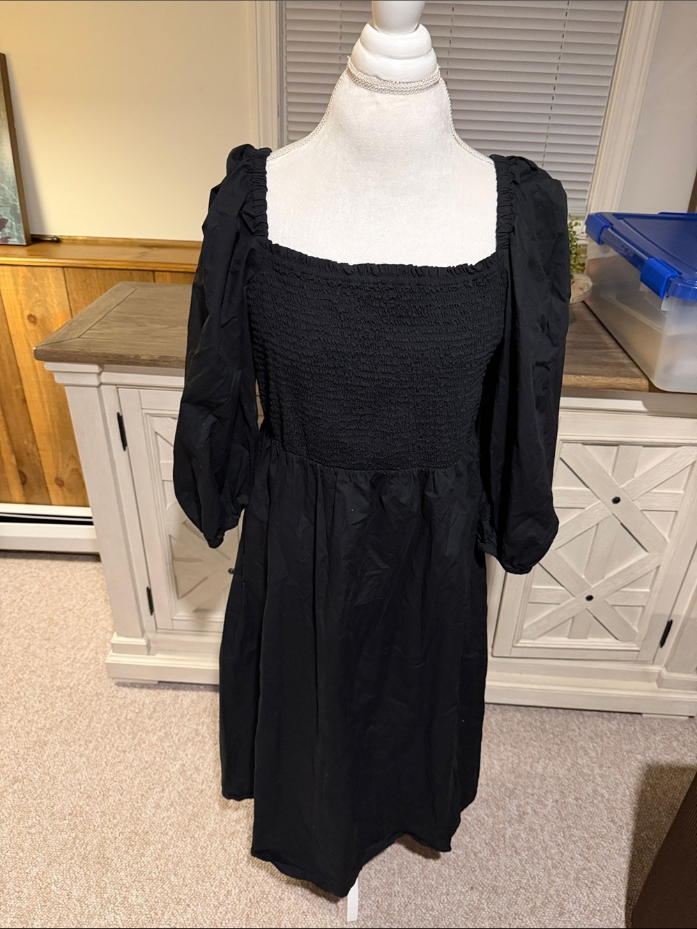 J. Crew Black Smocked Square-Neck Midi Dress with Puff Sleeves